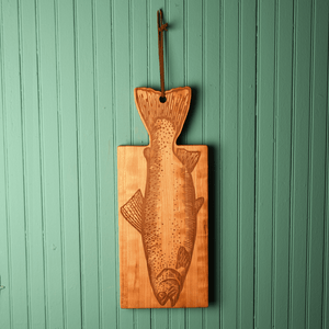 fish shaped board, cherry wood, hanging from wall
